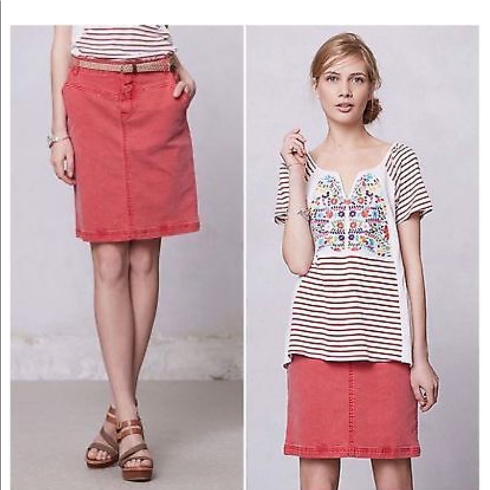 Anthropologie Holding Horses red denim skirt